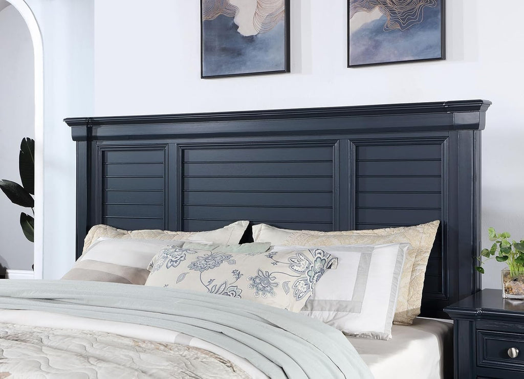 MASARA Transitional 3-Piece Bedroom Set in Slate Blue, Solid Wood Panel Bed with Storage Footboard, Queen/King/California King with 2 Nightstands (King)
