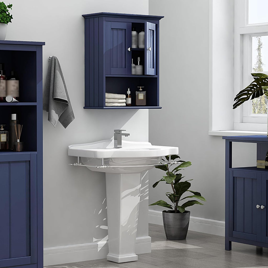 Treocho Wood Wall Cabinet, Bathroom Medicine Cabinet Storage with Doors and Adjustable Shelf, Rustic Cabinet Wall Mounted for Bathroom, Living Room, Kitchen, Blue