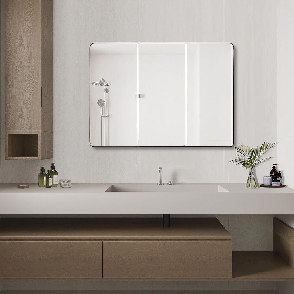 IDYLLOR Bathroom Mirror Medicine Cabinet with Round Corner Framed Door 48 x 30 inch, Black，Recessed or Surface Mount, with Adjustable Glass Shelves