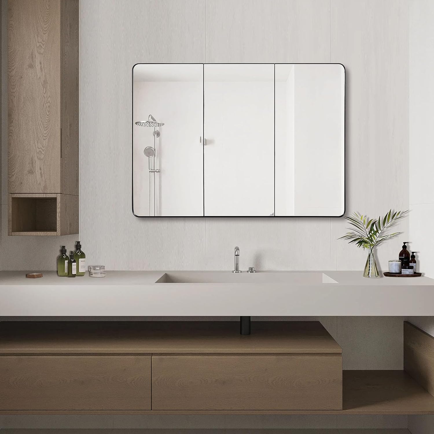 IDYLLOR Bathroom Mirror Medicine Cabinet with Round Corner Framed Door 48 x 30 inch, Black，Recessed or Surface Mount, with Adjustable Glass Shelves