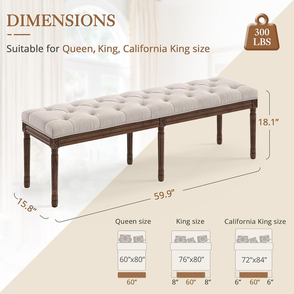 LUE BONA 60' Fabric End of Bed Bench, Upholstered Tufted French Bedroom Bench with Carved Dark Brown Legs for Bedroom End of King Size Bed, Living Room, Linen