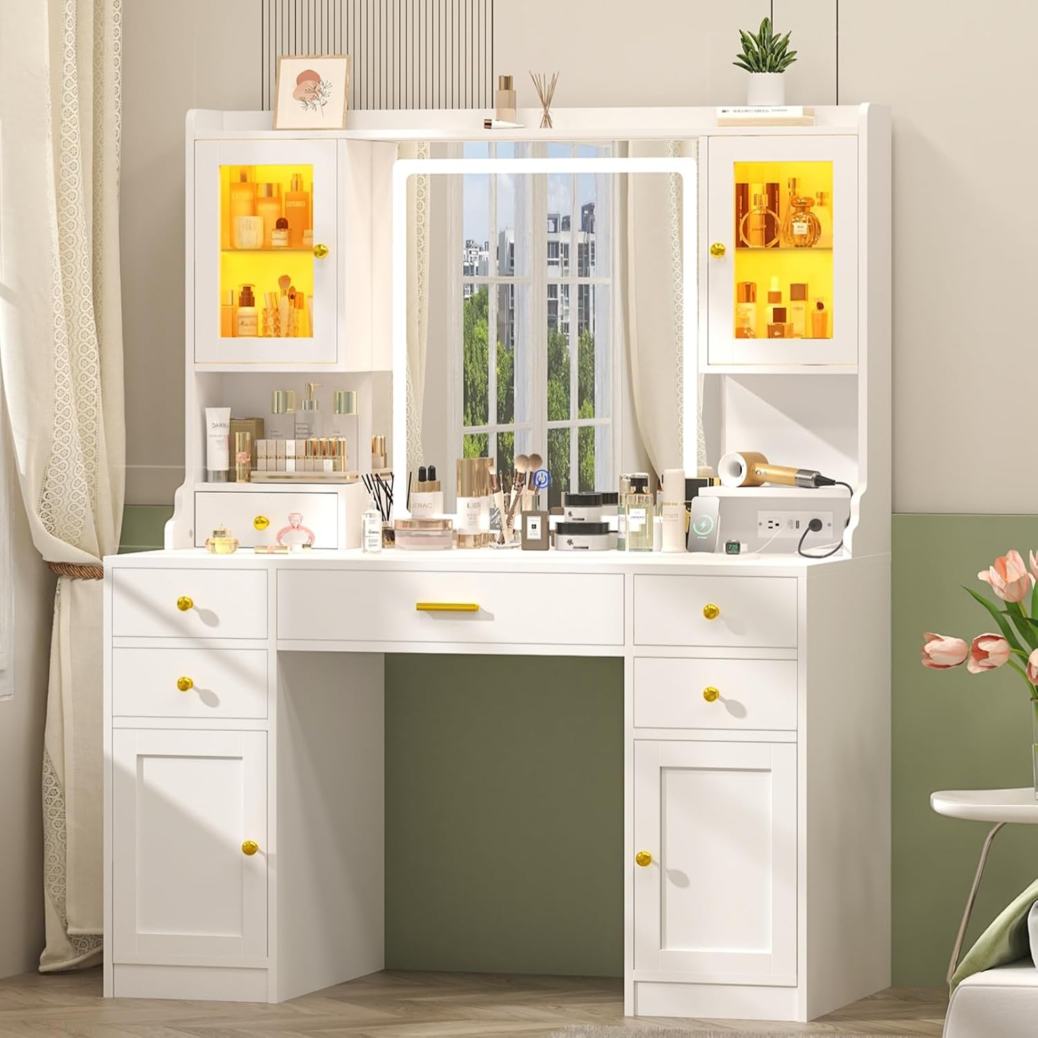 Vanity Desk with Mirror and Lights, White Makeup Vanity Table with Charging Station，Large Vanity Desk with 6 Drawers & 2 RGB Cabinet, Dressing Table Set with Lighted Mirror Adjustable, for Bedroom