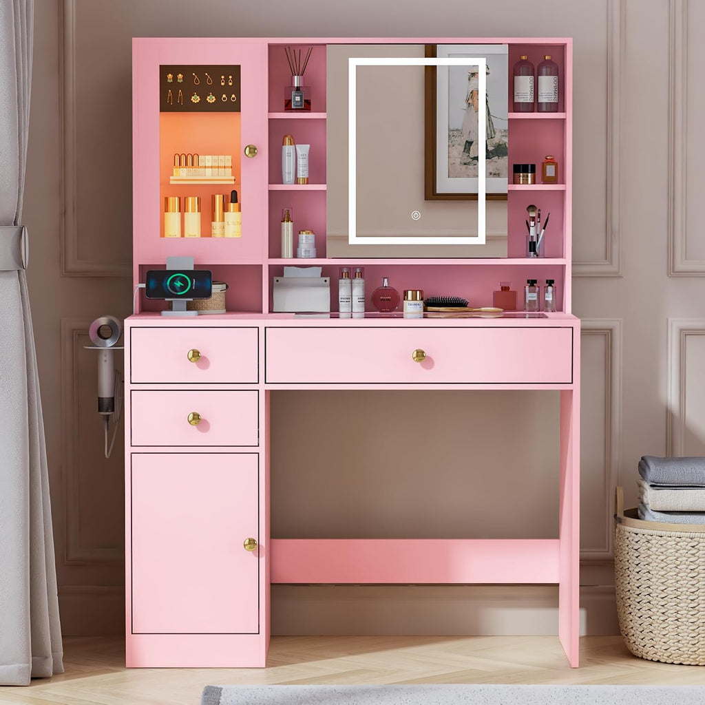 Vanity Desk with LED Lighted Mirror and Jewelry Organizer & Glass Top and Charging Station, Makeup Vanity with 3 Drawers and 2 Storage Cabinets & Hidden Compartment, Dressing Table for Bedroom, Pink