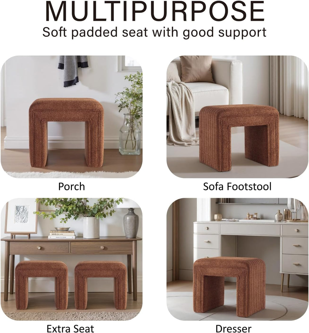 Get Set Style Vanity Stool Chair,Modern Boucle Ottoman Foot Stool with Wooden Legs Sofa Bench Footstool Extra Seat for Vanity,Makeup Room,Living Room,Entryway,Office (Fully Assembled) (Brown)