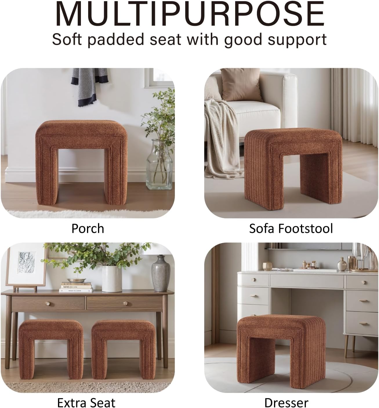 Get Set Style Vanity Stool Chair,Modern Boucle Ottoman Foot Stool with Wooden Legs Sofa Bench Footstool Extra Seat for Vanity,Makeup Room,Living Room,Entryway,Office (Fully Assembled) (Brown)