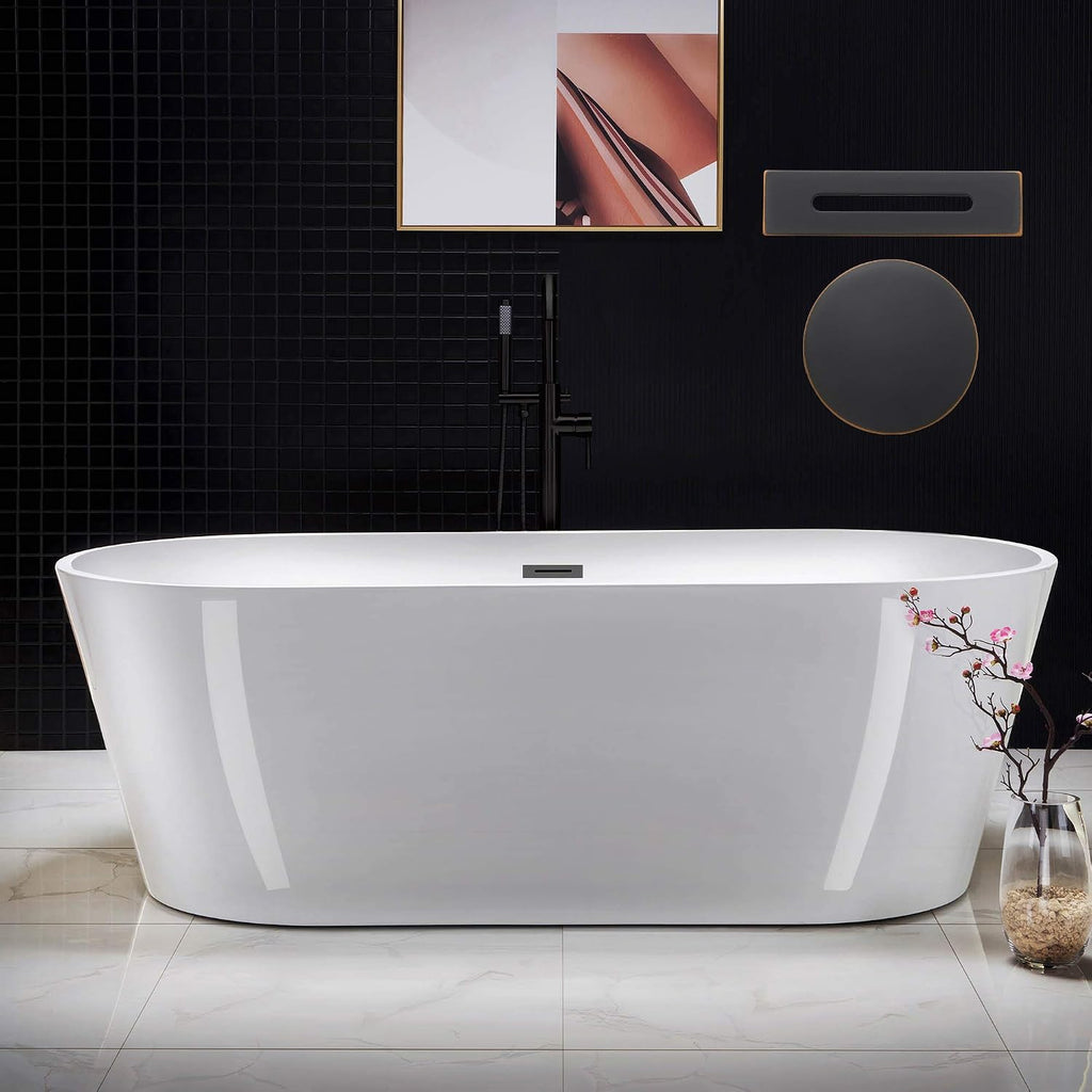 WOODBRIDGE 71' Acrylic Freestanding Bathtub Contemporary Soaking White Tub with Oil-Rubbed Bronze Overflow and Drain,B1701-ORB