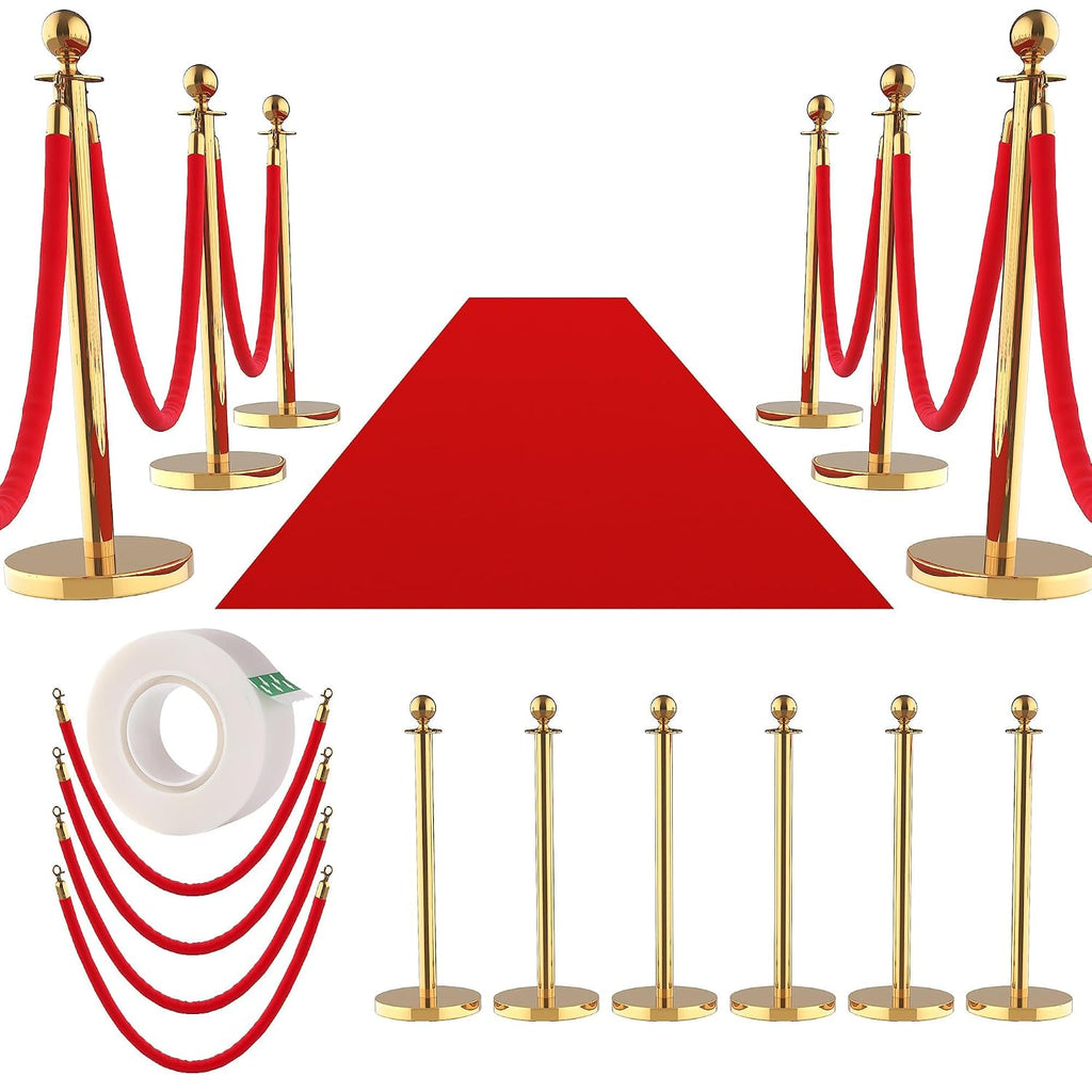 12Pcs Stanchions and Velvet Ropes with 15ft Red Carpet,Complete Crowd Control Barriers Set with 10 Red Velvet Ropes & Stainless Steel Posts for Party, Wedding, Event Supplies,Gold