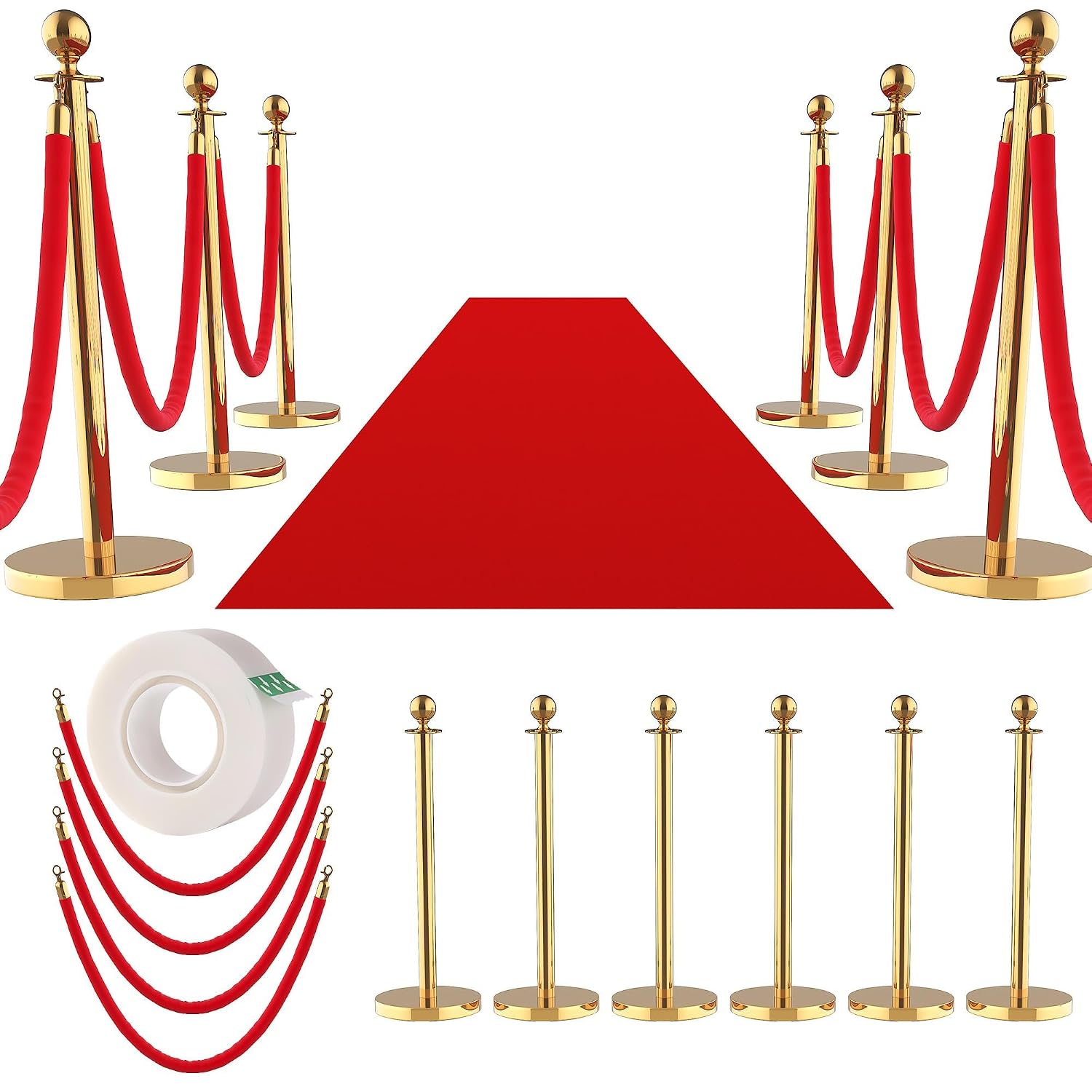 12Pcs Stanchions and Velvet Ropes with 15ft Red Carpet,Complete Crowd Control Barriers Set with 10 Red Velvet Ropes & Stainless Steel Posts for Party, Wedding, Event Supplies,Gold