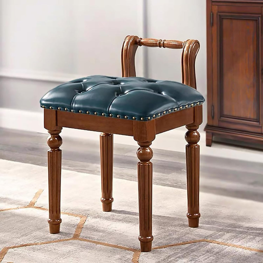 Low Back Vanity Bench Stool with Padded Cushion, Leather Retro Makeup Stool, Solid Wood Carving Legs, Piano Bench for Makeup Room, Bedroom, Living Room (Walnut + Blue)