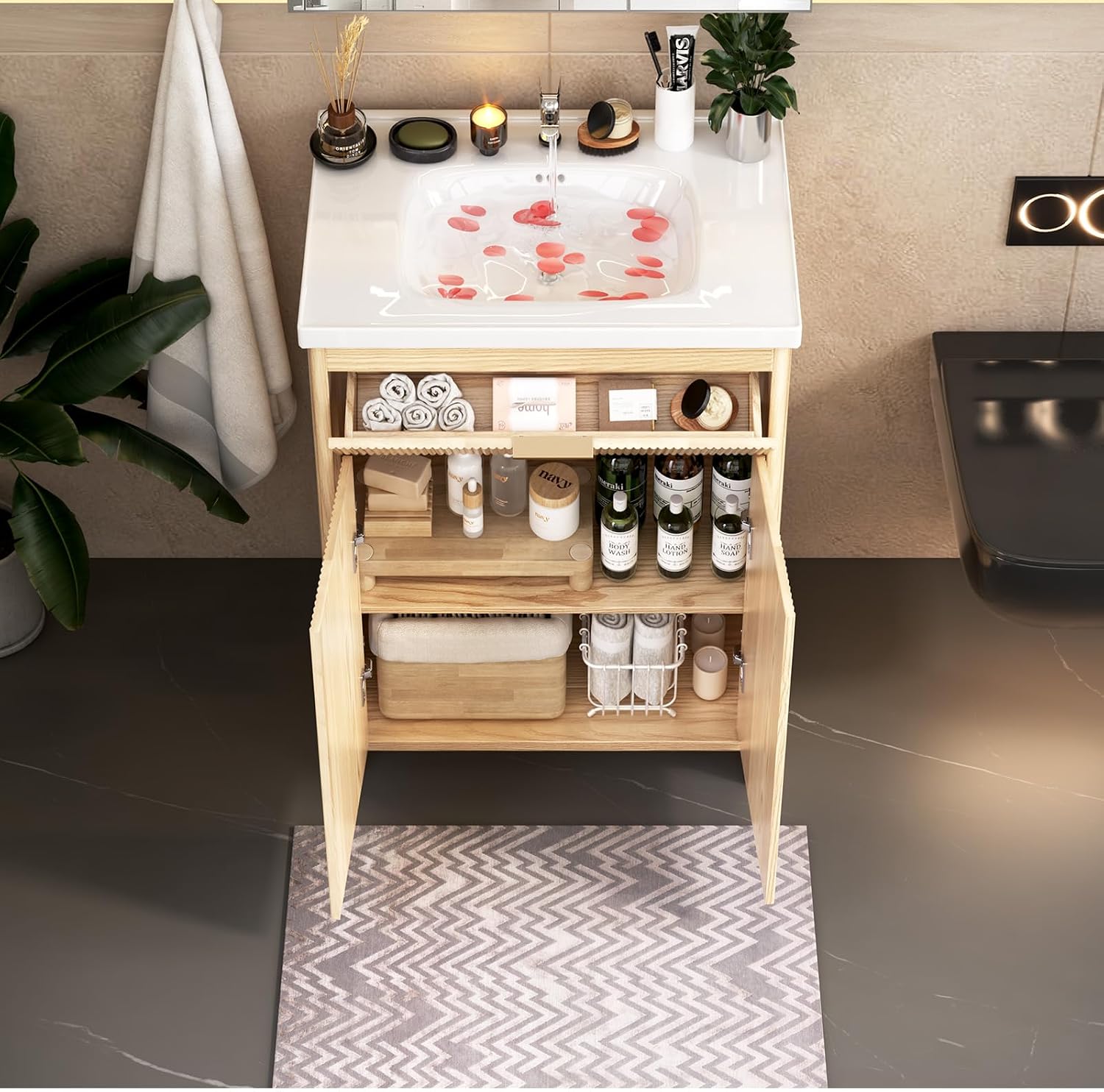 24'' Bathroom Vanity with Ceramic Single Sink Combo, Small Freestanding Bathroom Storage Vanity Cabinet with Drawer & Cabinet, Metal Handle，Natural Oak