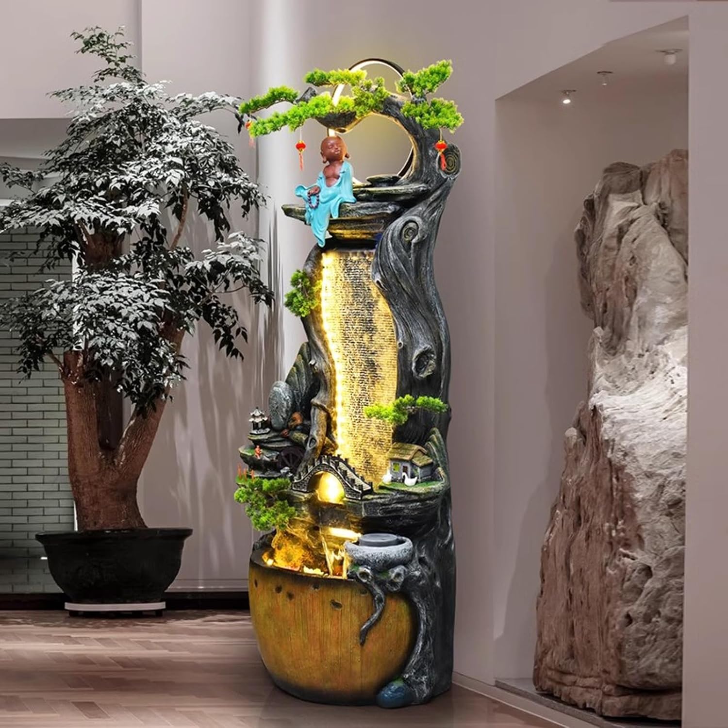 Tabletop Fountain Flowing Water Decorations Circular Floor Ceiling Living Room Office Rockery Housewarming Gift Decorations Pastoral Scenery Floor Ceiling Decorations Desktop Fountain