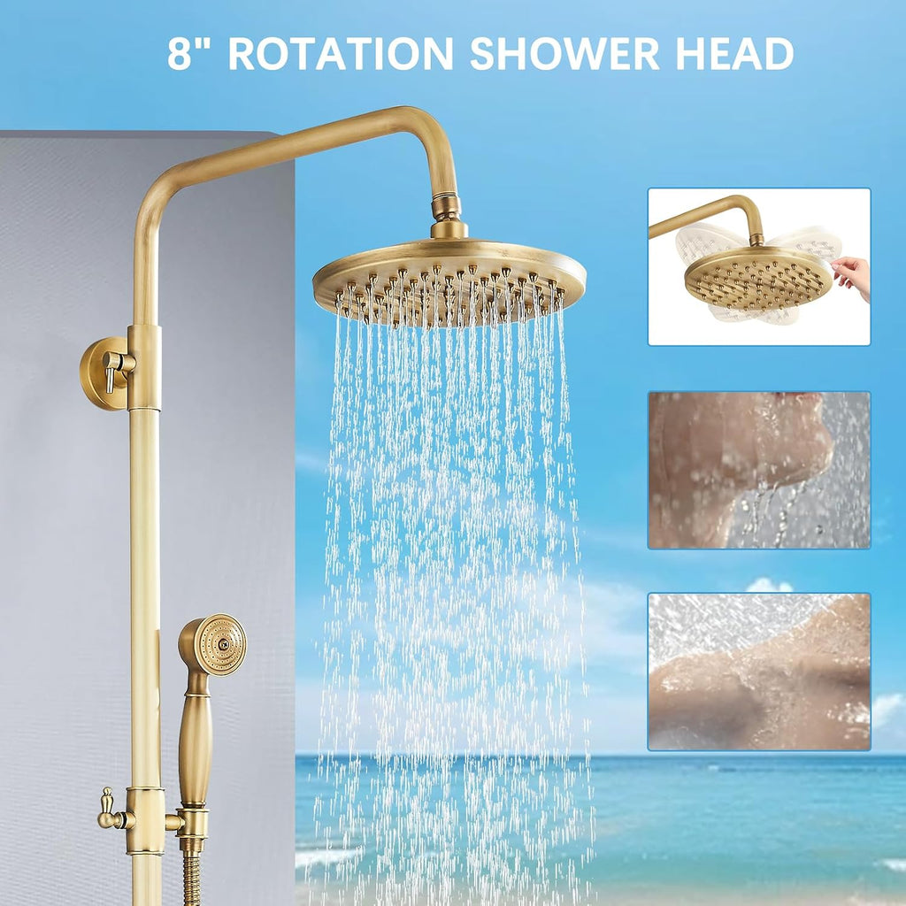 Antique Brass Shower System Bathroom Shower Faucet Set with 8 Inch Rainfall Shower Head Handheld Spray 2 Cross Handles Wall Mounted Outdoor Shower Fixtures Solid Brass