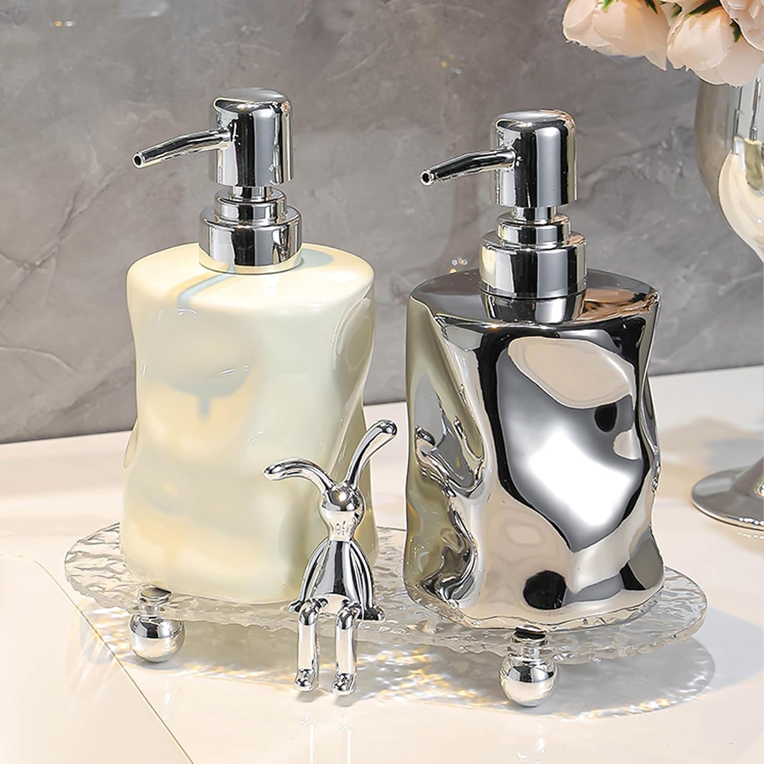 Push Type Foam Dispenser with Acrylic Frame,Hand Pump Dispenser Foaming Soap Dispenser Ceramic Dish Liquid Dispenser for Kitchen Bathroom Hand Wash Bottle