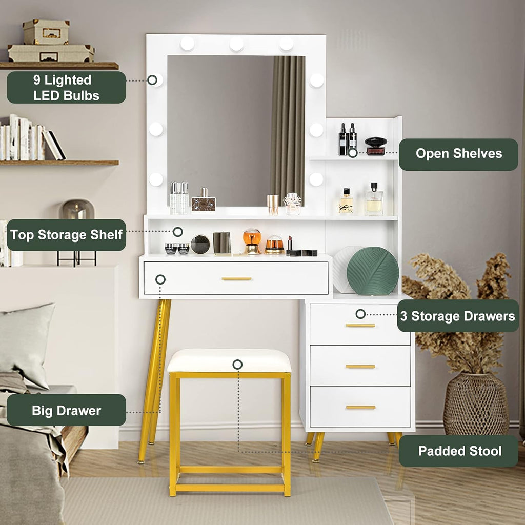 VINGLI Vanity Set with Lighted Mirror，Makeup Vanity Table Set with 9 LED Lighting Bulbs, Storage Shelf & Drawers and Stool for Women & Girls, Modern Dressing Table for Bedroom, White & Gold