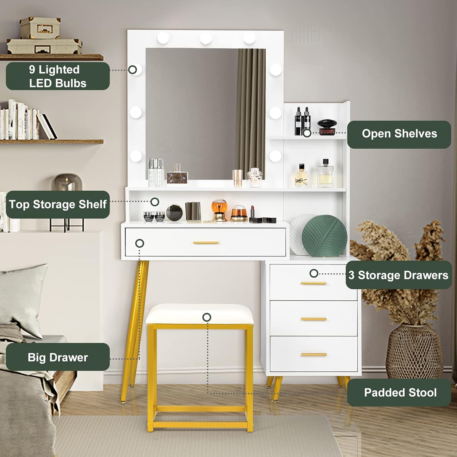 VINGLI Vanity Set with Lighted Mirror，Makeup Vanity Table Set with 9 LED Lighting Bulbs, Storage Shelf & Drawers and Stool for Women & Girls, Modern Dressing Table for Bedroom, White & Gold