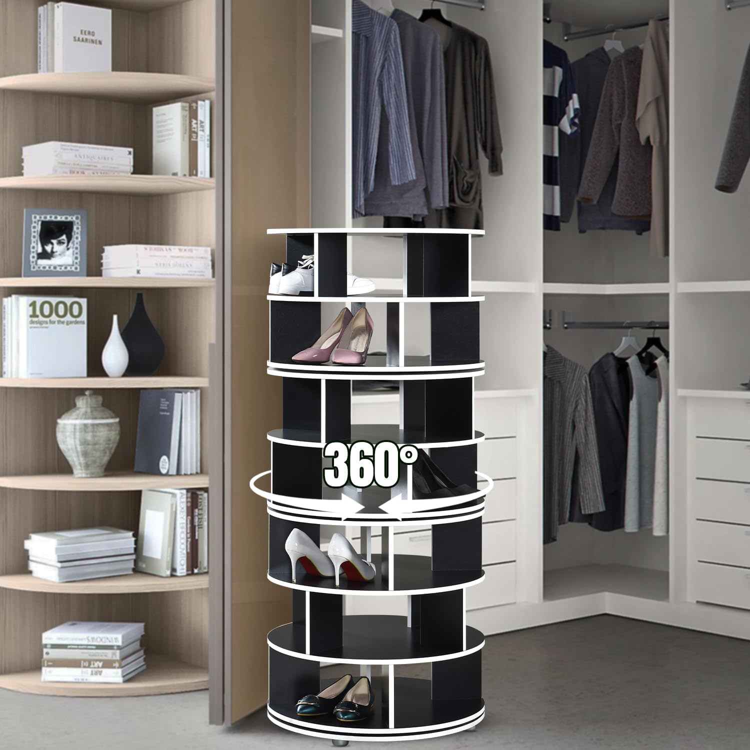 Kings Brand Furniture Cassidy Revolving Shoe Rack, Spinning Shoe Rack Tower, 360° Revolving Shoe Storage Organizer for Closet Entryway Bedroom Hallway (Black, 7-Tier)