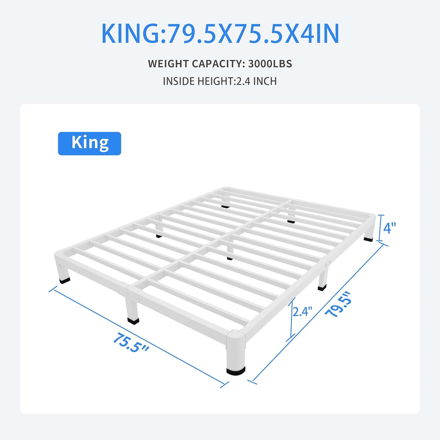 MAF 4 Inch King Metal Platform Bed Frame White with Round Corner Legs, Mattress Slide Stopper, 3000 LBS Heavy Duty Steel Slats Support, Noise Free, No Box Spring Needed, Easy Assembly