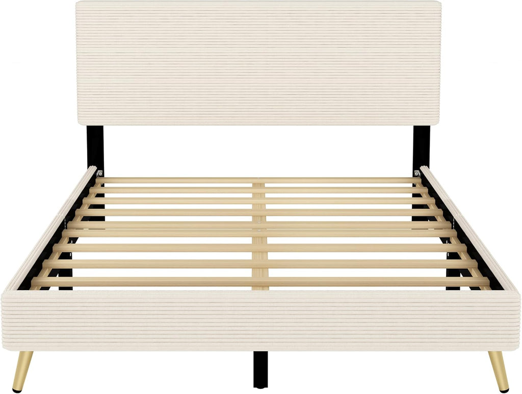 Modern 2-Pieces Bedroom Sets, Corduroy Queen Size Platform Bed with Storage Ottoman, Upholstered Platform Bed Frame with Horizontal Stripe Headboard and Metal Legs, Sturdy Slats Support (Beige-D)
