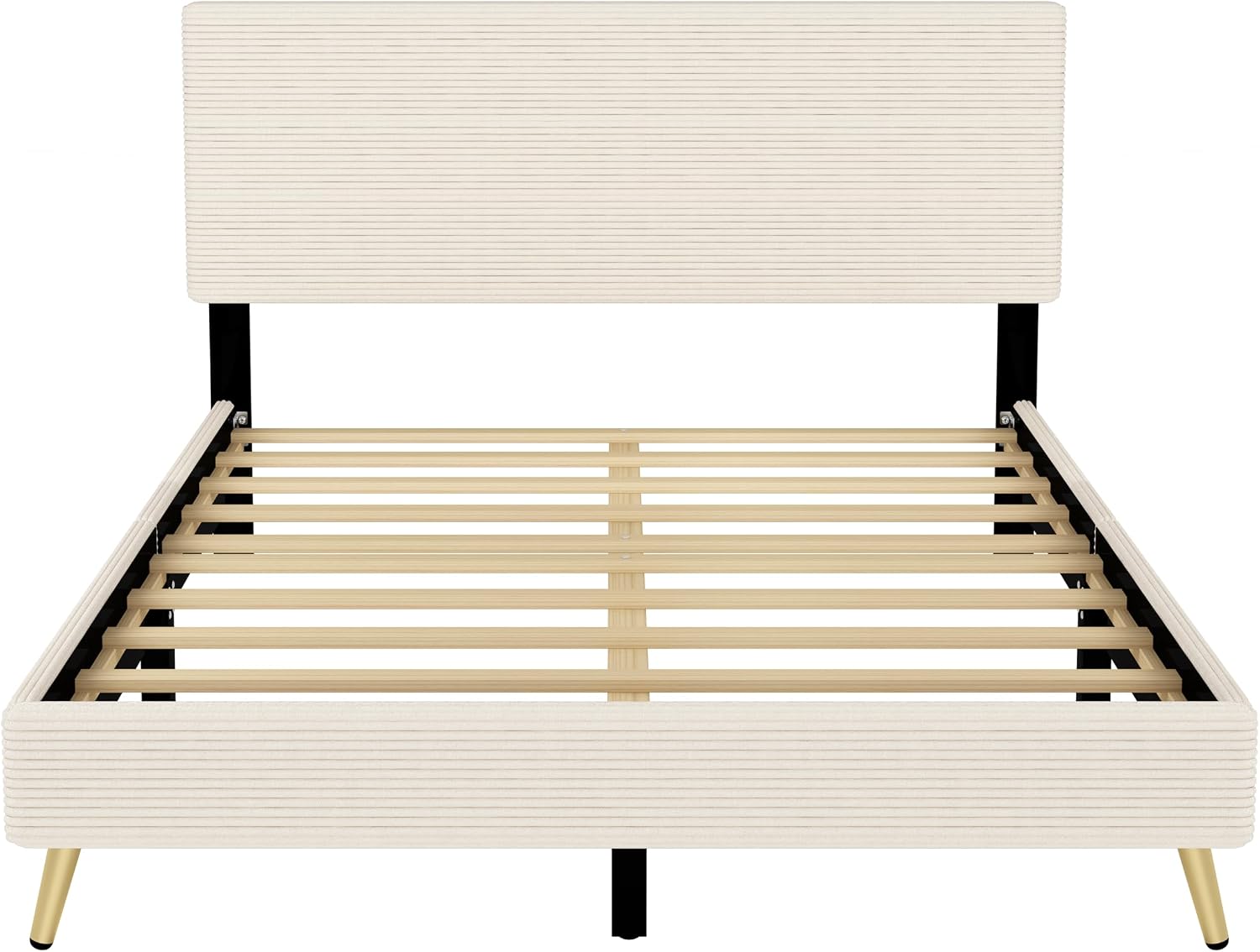 Modern 2-Pieces Bedroom Sets, Corduroy Queen Size Platform Bed with Storage Ottoman, Upholstered Platform Bed Frame with Horizontal Stripe Headboard and Metal Legs, Sturdy Slats Support (Beige-D)