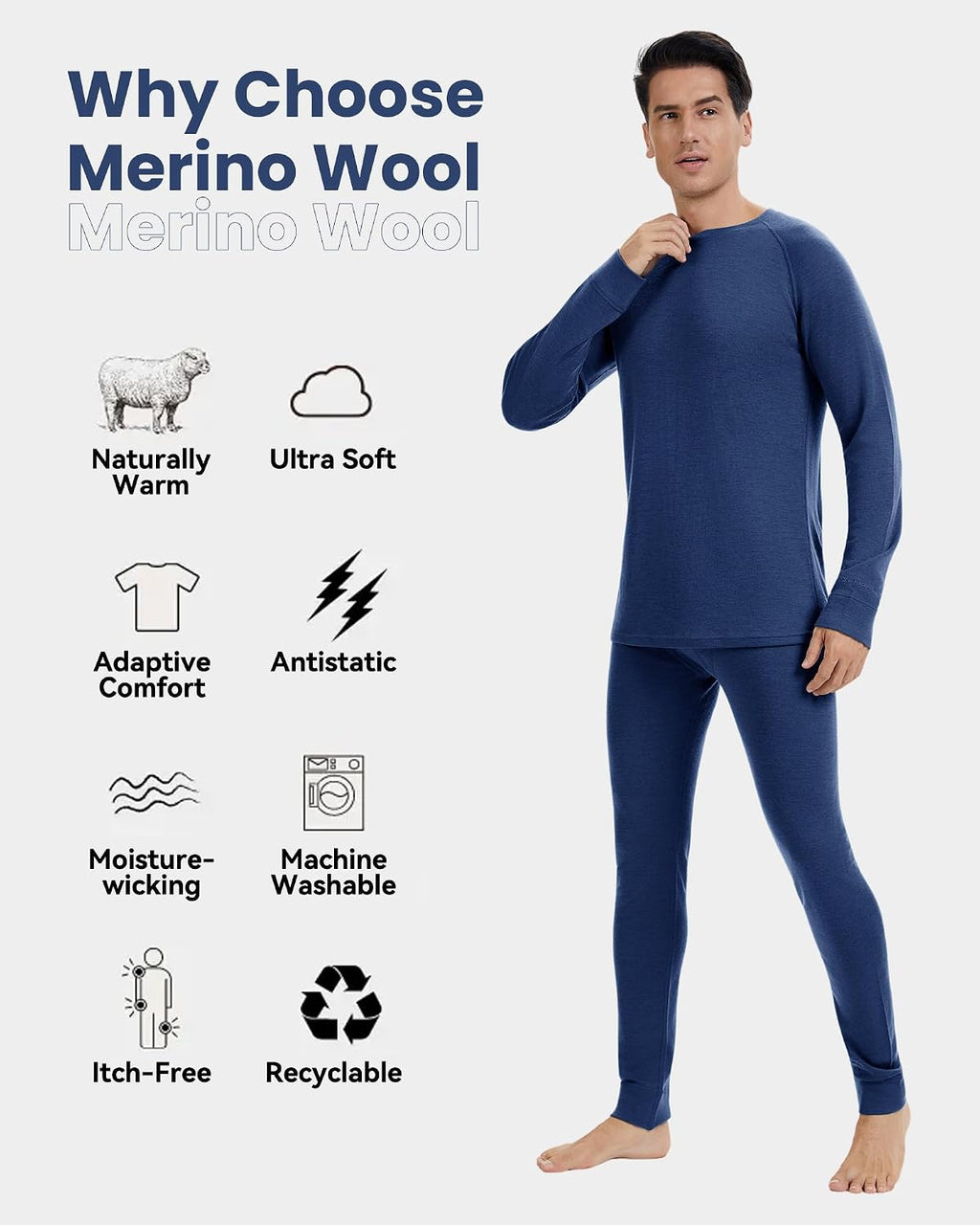 Men's 100% Merino Wool Base Layer Sets - Lightweight Thermal Underwear Gifts Pack with Wool Beanie