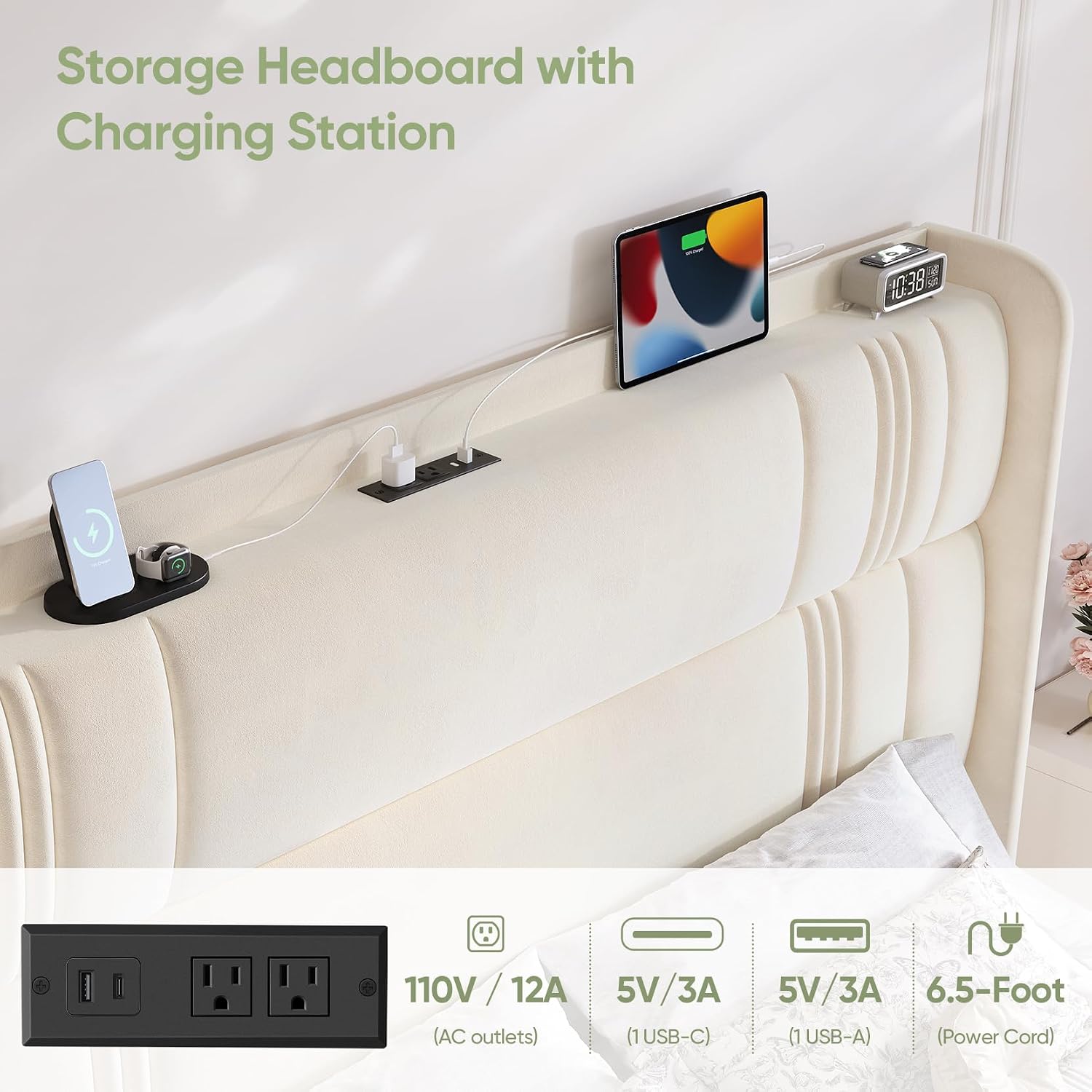 King Size Bed Frame and Tall Headboard, 52' Upholstered Platform Bed Frame with Charging Station, Luxury Velvet Bed Frames/Curved Wingback Headboard, No Box Spring Needed, Easy Assembly, Sturdy, Beige