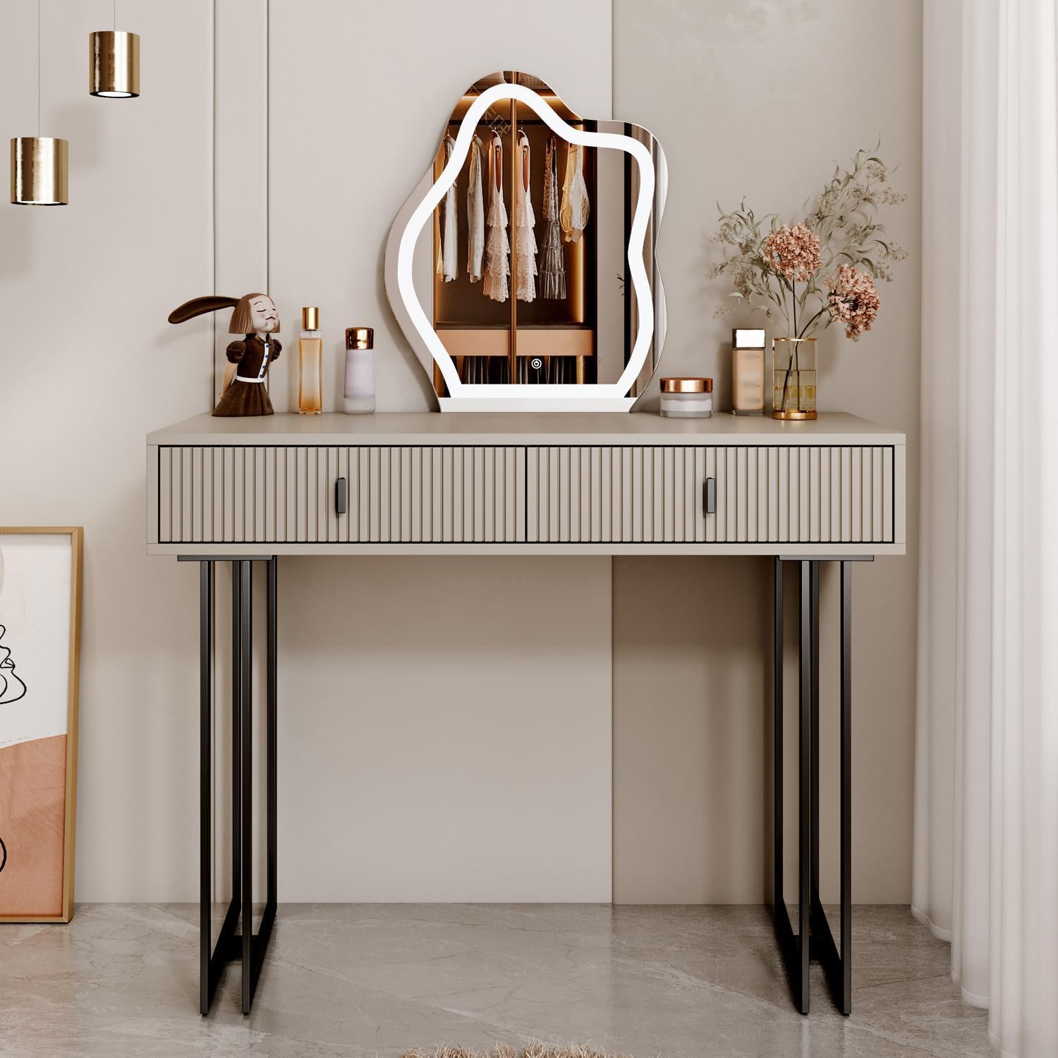Ieejdn Morandi Gray Vanity Desk with Mirror and Lights,Small Makeup Vanity with 2 Drawers，Modern Makeup Table with Adjustable Cabinet for Bedroom,Makeup Room
