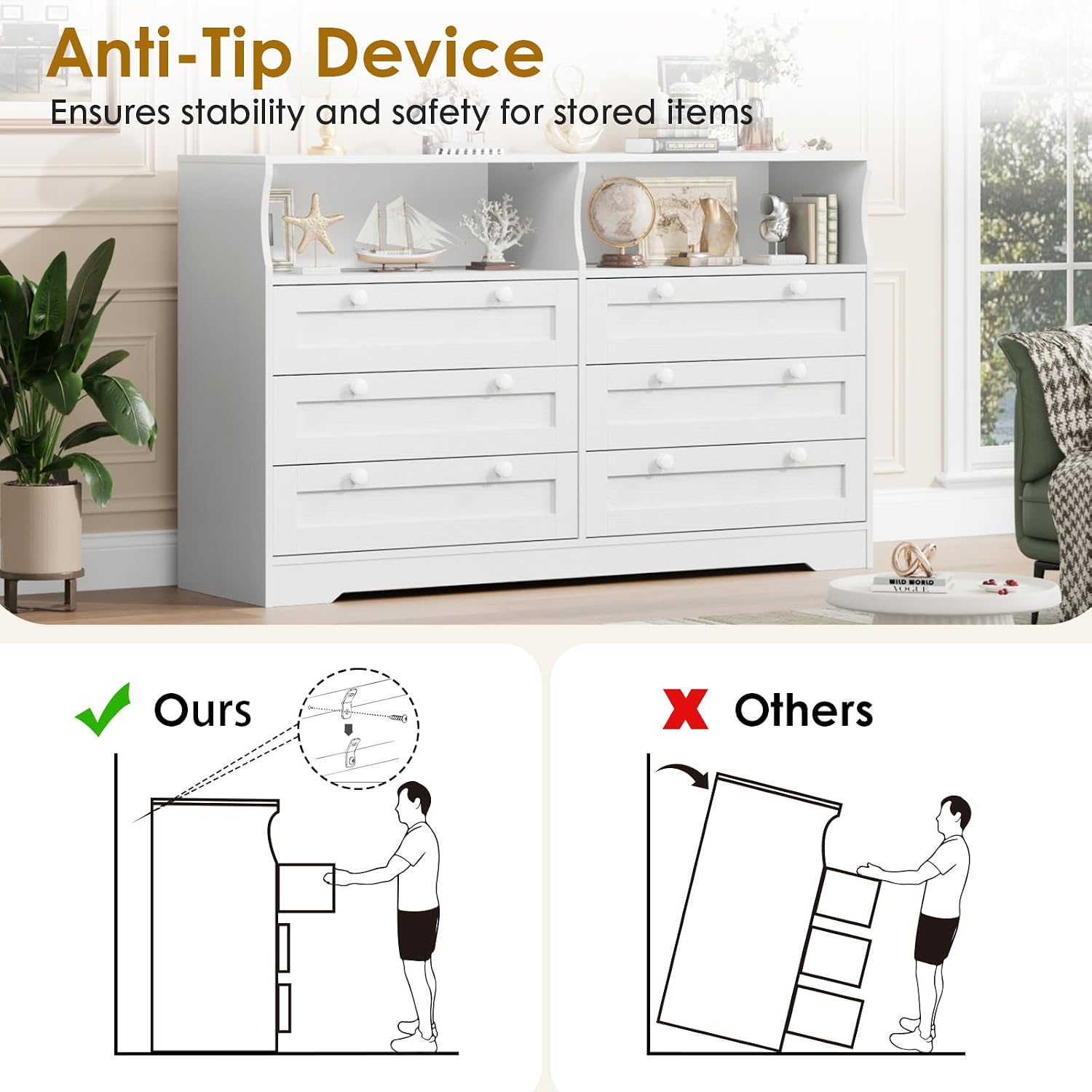 GarveeLife White Dresser for Bedroom with 6 Drawers, Large Wooden Bedroom Dressers with Power Outlet and Led Lights, 55 in Wide TV Dresser, Wood Modern 6 Drawers Dressers & Chests of Drawers for Room