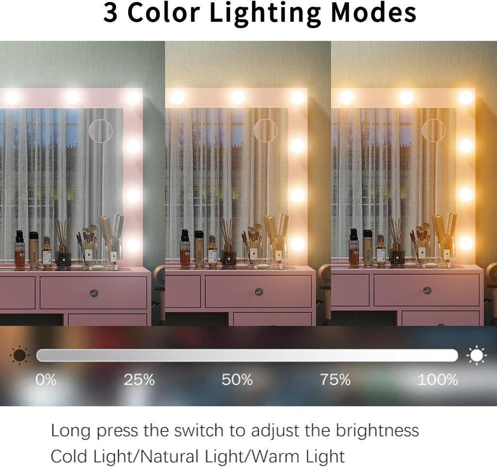 FUSOU 13 Drawers Vanity Desk, 47''W Makeup Vanity with Power Outlet, Vanity Table with Mirror and 12 LED Bulbs, 3 Color Lighting Modes, Glass Top, Dressing Table for Bedroom (Pink)