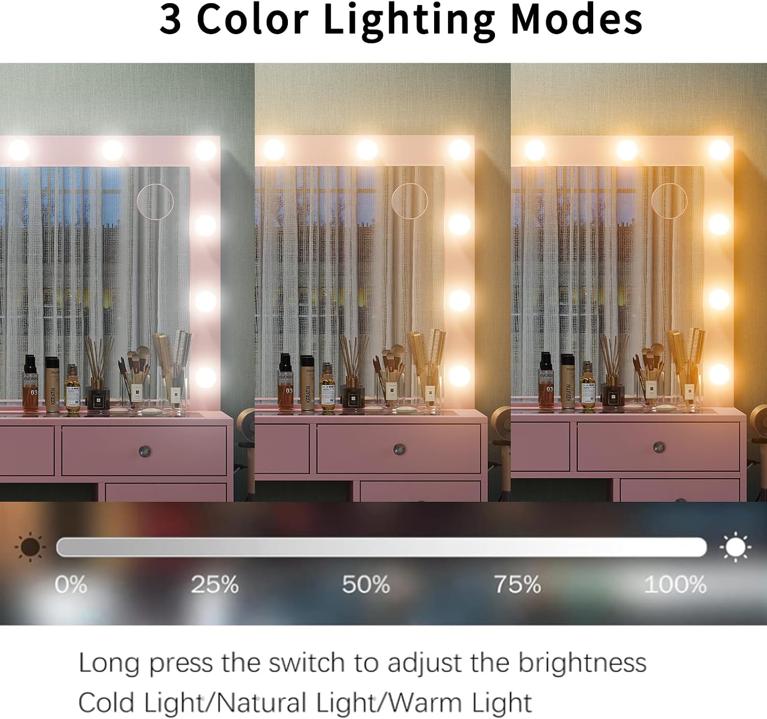 FUSOU 13 Drawers Vanity Desk, 47''W Makeup Vanity with Power Outlet, Vanity Table with Mirror and 12 LED Bulbs, 3 Color Lighting Modes, Glass Top, Dressing Table for Bedroom (Pink)