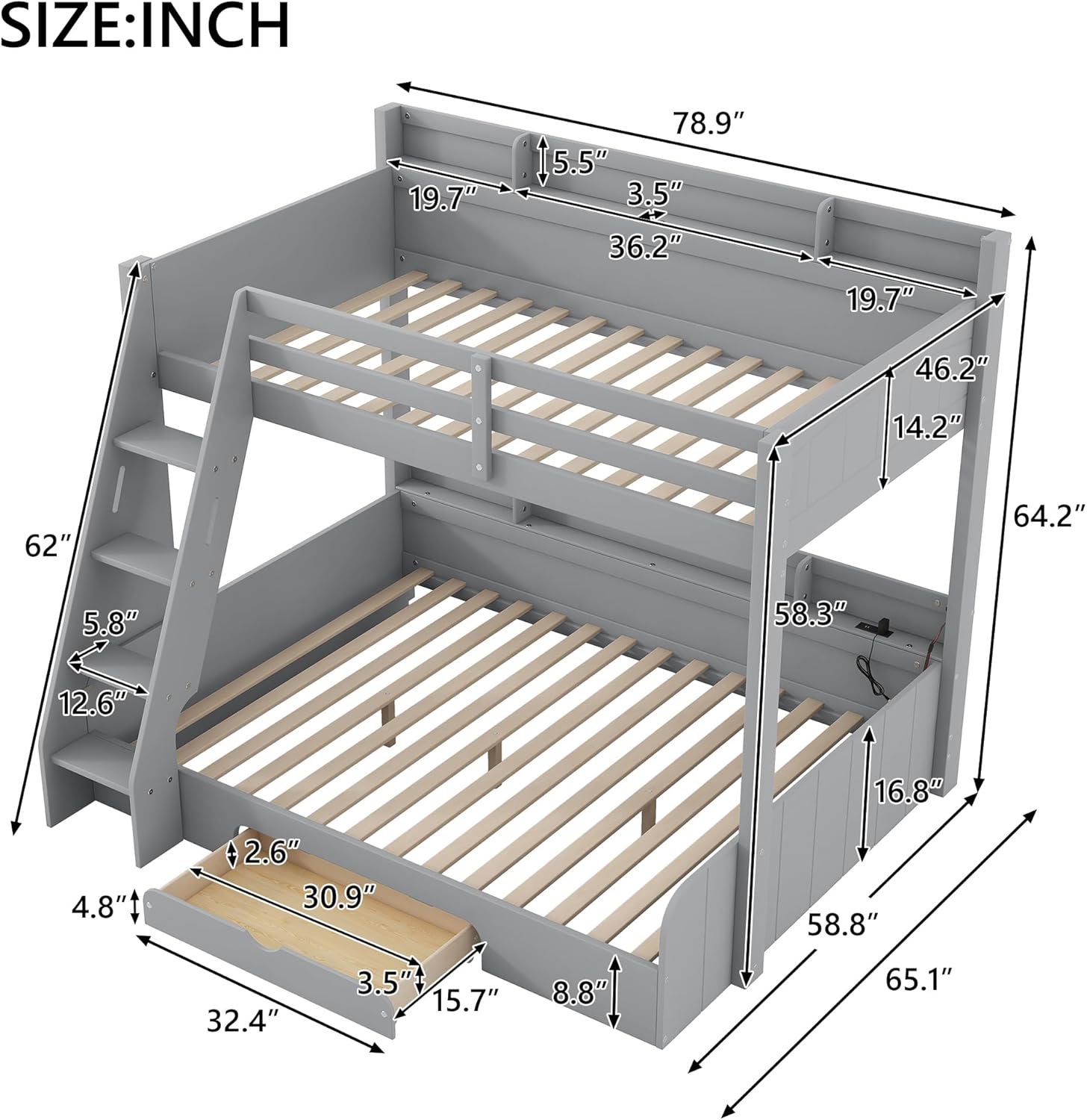 RUNNA Twin Over Full Bunk Bed with Storage Shelves, LED, Charging Station and a Drawer, Solid Wood Bunk Bed for Kids, Teens, Adults (Grey/LED)