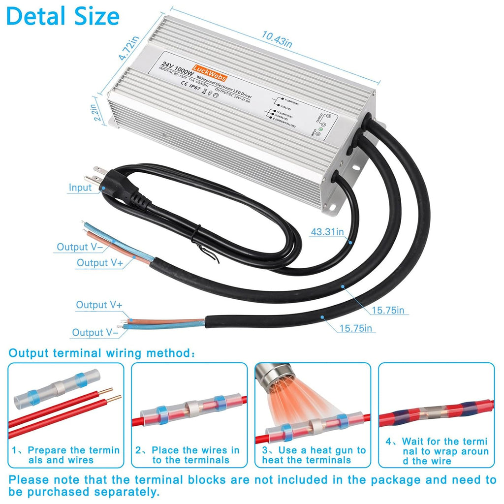 LED Driver 24V 1000W Waterproof Power Supply AC90-130V to DC24V41.6A Switching Power Supply IP67 Converter Suitable for Outdoor LED Lighting and Any 24V DC Equipment