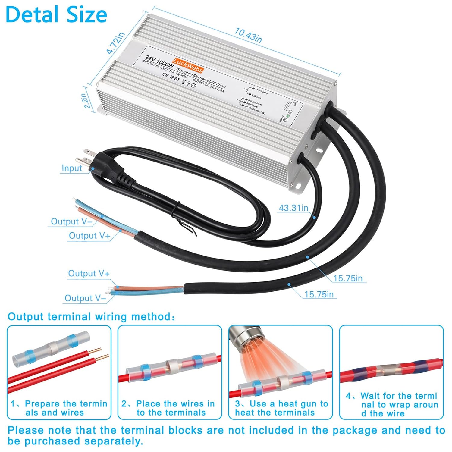 LED Driver 24V 1000W Waterproof Power Supply AC90-130V to DC24V41.6A Switching Power Supply IP67 Converter Suitable for Outdoor LED Lighting and Any 24V DC Equipment