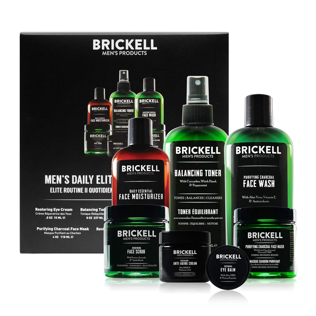 Brickell Men's Daily Elite Face Care Routine II, Toner, Charcoal Face Wash, Face Scrub, Anti-Aging Cream, Eye Cream, Charcoal Mask & Moisturizer, Activated Charcoal, Peptides, Hyaluronic Acid, Scented