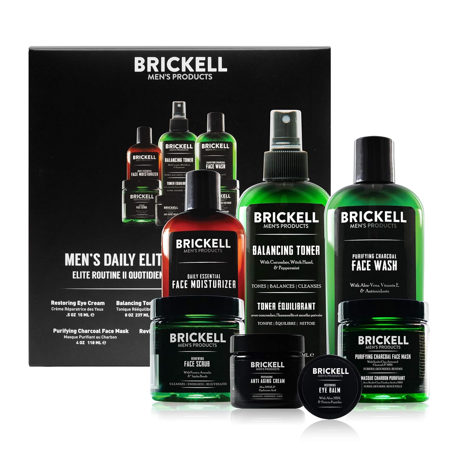 Brickell Men's Daily Elite Face Care Routine II, Toner, Charcoal Face Wash, Face Scrub, Anti-Aging Cream, Eye Cream, Charcoal Mask & Moisturizer, Activated Charcoal, Peptides, Hyaluronic Acid, Scented