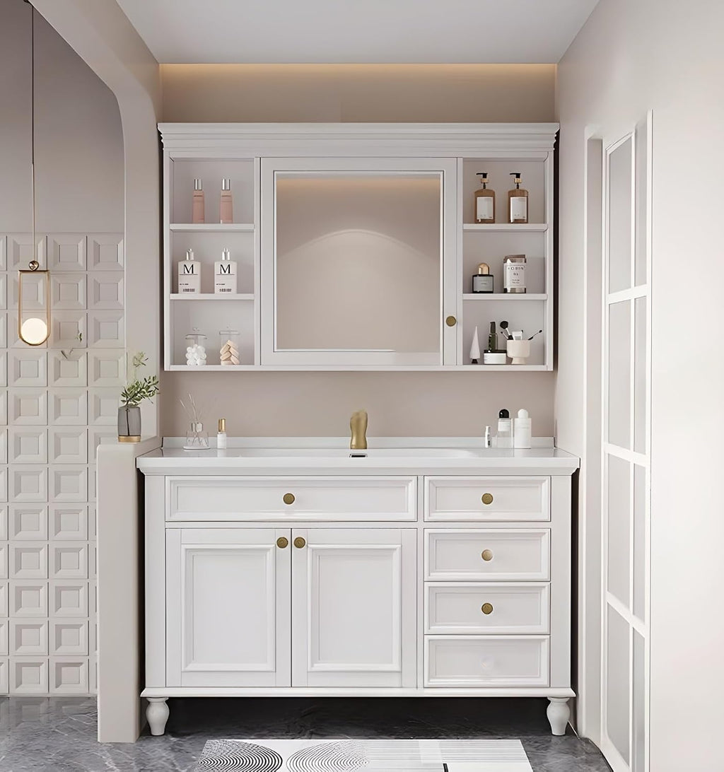 36' Freestanding Bathroom Vanity With Sink,Pure White Ceramic Countertops & Open Mirror Cabinet,2 Soft Closing Doors and 4 dovetail Drawers Bathroom Cabinet/Simple and Light Luxury Style,White