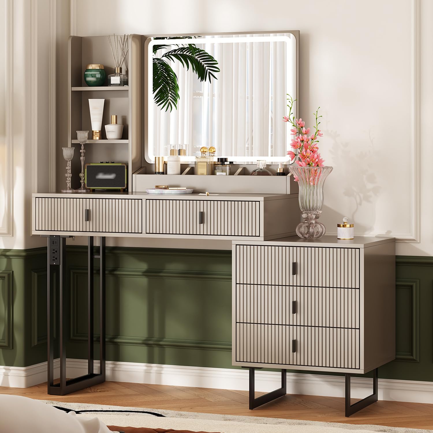 Ieejdn Large Vanity Desk with 3 Color Touch Screen Dimming Mirror, Vanity Desk with Charging Station, Modern Retractable Makeup Dressing Table, Makeup Table with Storage Shelves and 5 Sliding Drawers