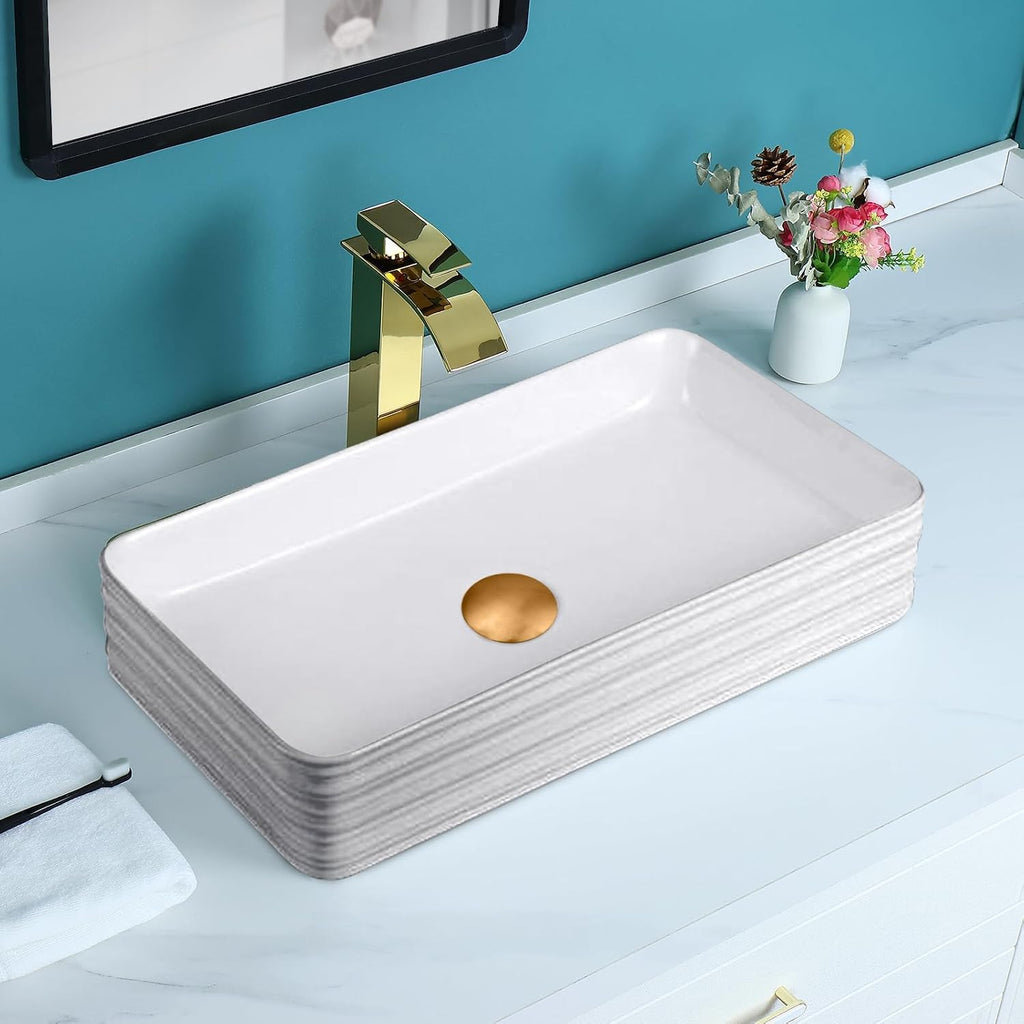 Strictly Sinks 19 Inch Bathroom Vessel Sink – Rectangular White Porcelain Ceramic Countertop Bathroom Sink – Easy to Install Above Counter Luxurious Vessel Sink for Bathroom (19-3/4″ W x 16″ L x 6″ H)