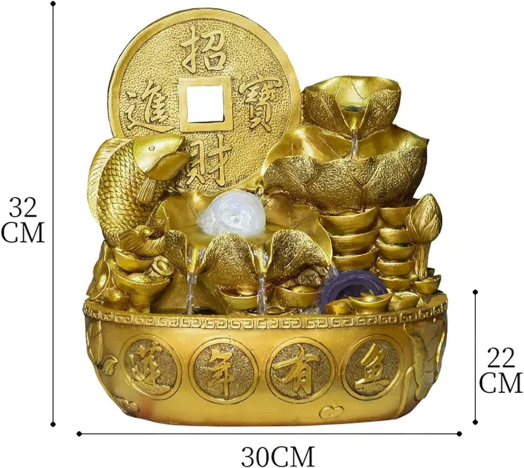 Desktop Fountain Gold Color Tabletop Fountain with Water Pump, Fengshui Indoor Decoration Lucky Fortune Decorative Waterfall for Office and Home Decor
