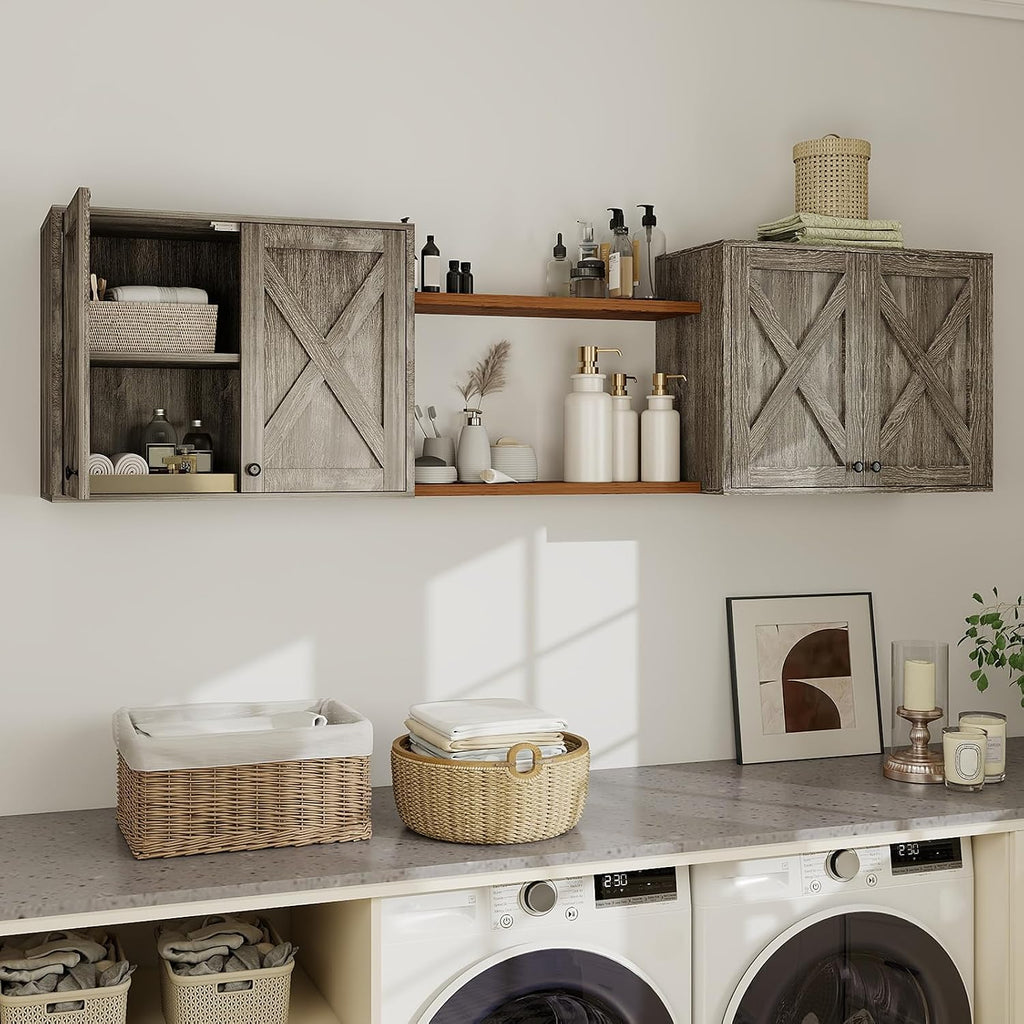 YOURLITE Laundry Cabinet, Medicine Cabinet, Bathroom Kitchen Storage Wall Mounted Farmhouse Organizer with Shelves Over Toilet, One Set of 2 Pieces X 24', Grey