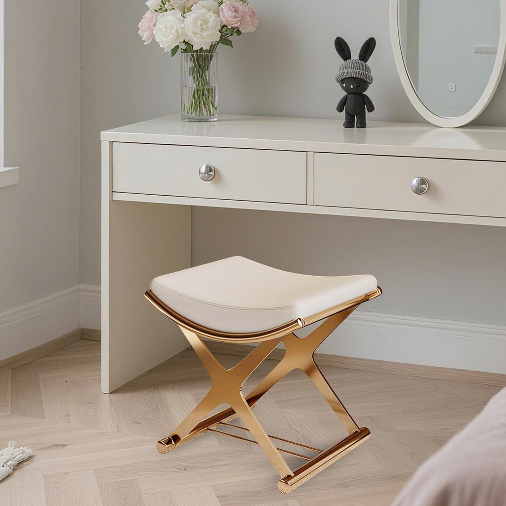 Modern Vanity Stool - Gold Leather Makeup Chair with X-Legs, Backless Ottoman Bench for Bathroom, Living Room & Bedroom Decor