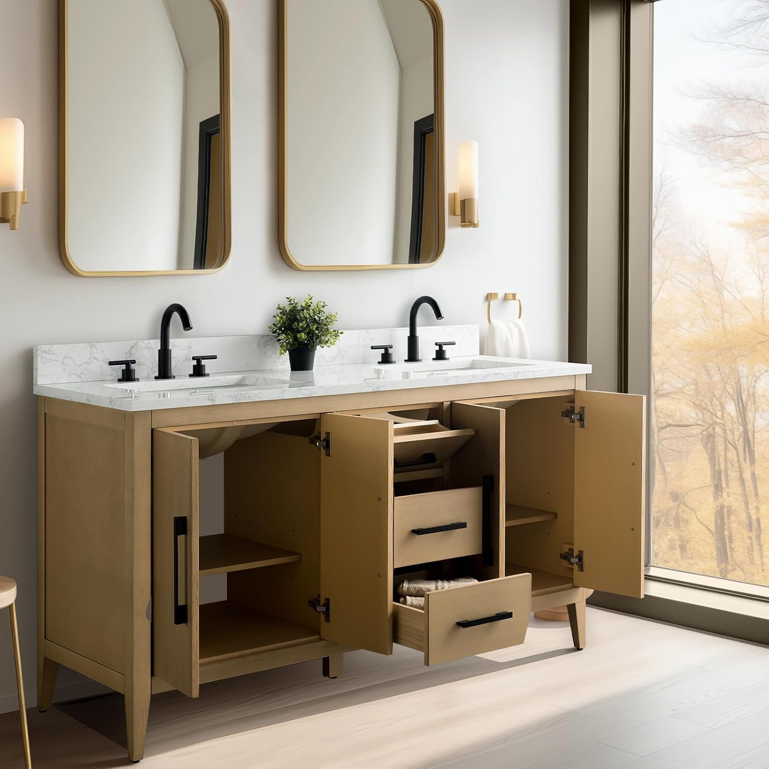 Vanity Art 60 inch Bathroom Vanity with Double Sink & Ceramic Top, Vanity Cabinet with Soft-Closing Doors, Drawers, Solid Wood Frame, Natural Oak, VA9060-DNO-GB1