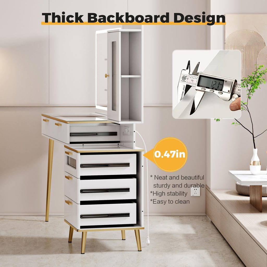 Arulvmrn Vanity Desk with 29.53' HD Lighted Mirror, 47.24' Big Modern Vanity Desk with Mirror and Lights, Makeup Vanity with 5 Drawers and Storage Shelves and Charging Station, White