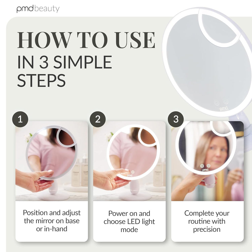 PMD Reflect Pro - Premium Beauty LED Mirror with TriLume Technology & Handheld Capabilities - Three Light Modes - 360° Rotation, 90° Tilt, & 5x Magnification - Travel Ready