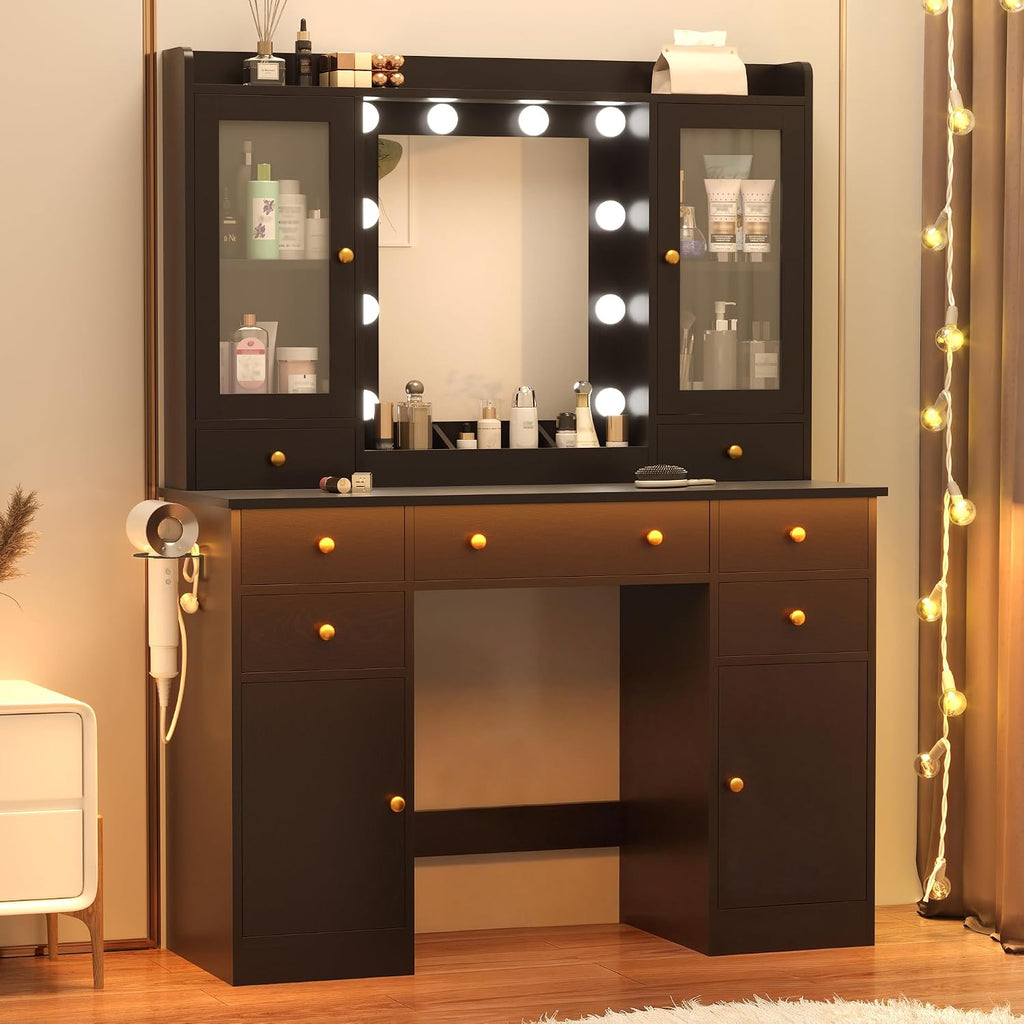Wodeer Vanity Desk with Mirror and Lights, 43' Black Makeup Vanity Set with 5 Drawers & Glass Cabinets, Power Outlet, Adjustable LED Lights & Makeup Tray, Dressing Table for Women & Girls Bedroom