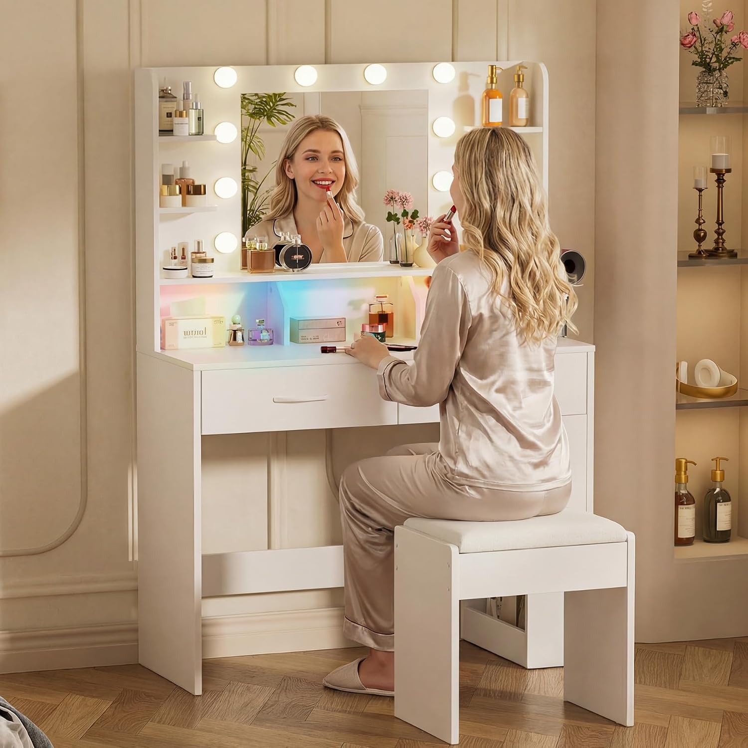 COMHOMA Vanity Desk with Lighted Mirror and Power Outlet, RGB LED Lights Makeup Vanity Set for Girls, Large Storage Capacity Dressing Table for Bedroom, 3 Lighting Modes Adjustable Brightness, White