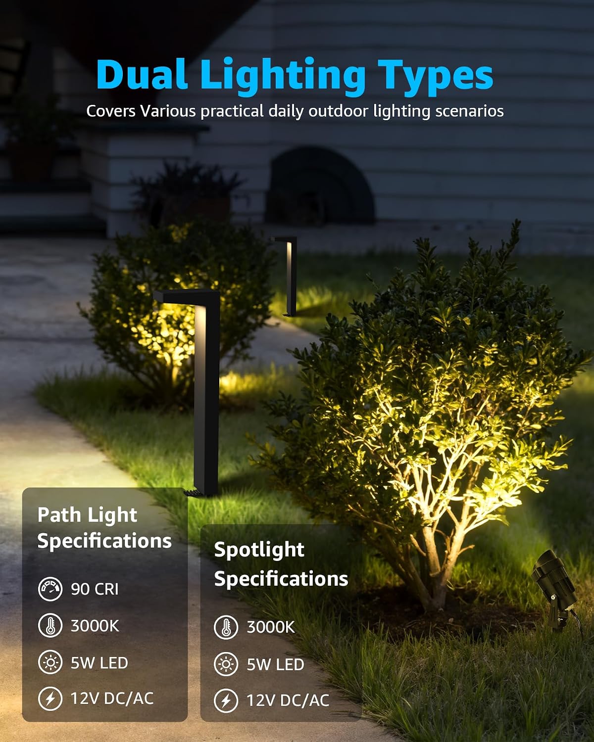 SUNVIE LED Low Voltage Landscape Lighting Kit Outdoor Waterproof Low Voltage Pathway Lights Wired with Spotlights 3000K Modern Outdoor Landscape Lights with Connectors for Path Yard Garden, 12 Pack