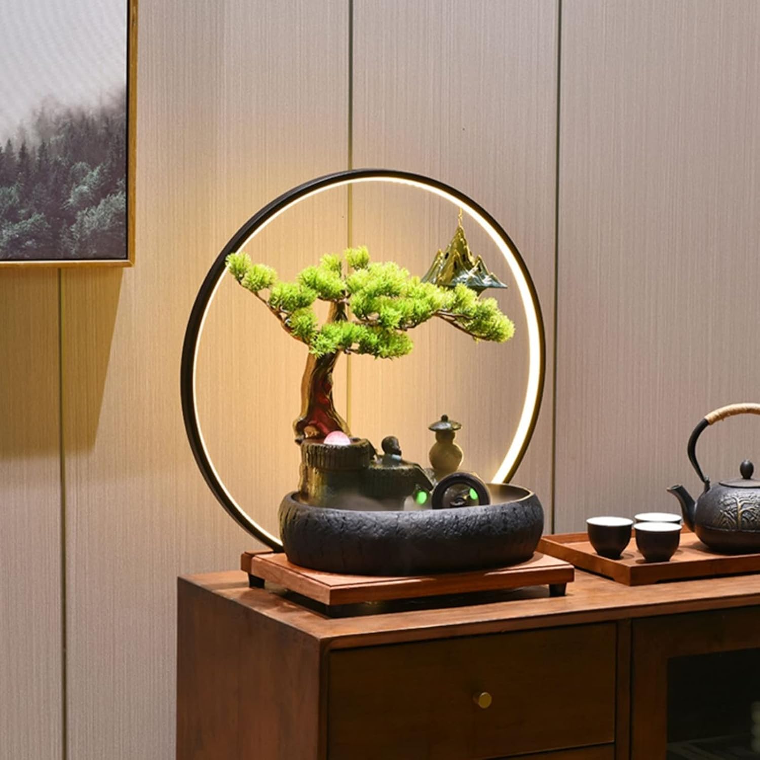 Desktop Fountain Ceramic Tabletop Fountain with LED Lighting Rockery Water Features Zen Cascading Feng Shui Waterfall Table Ornaments for Living Room Office(Black)