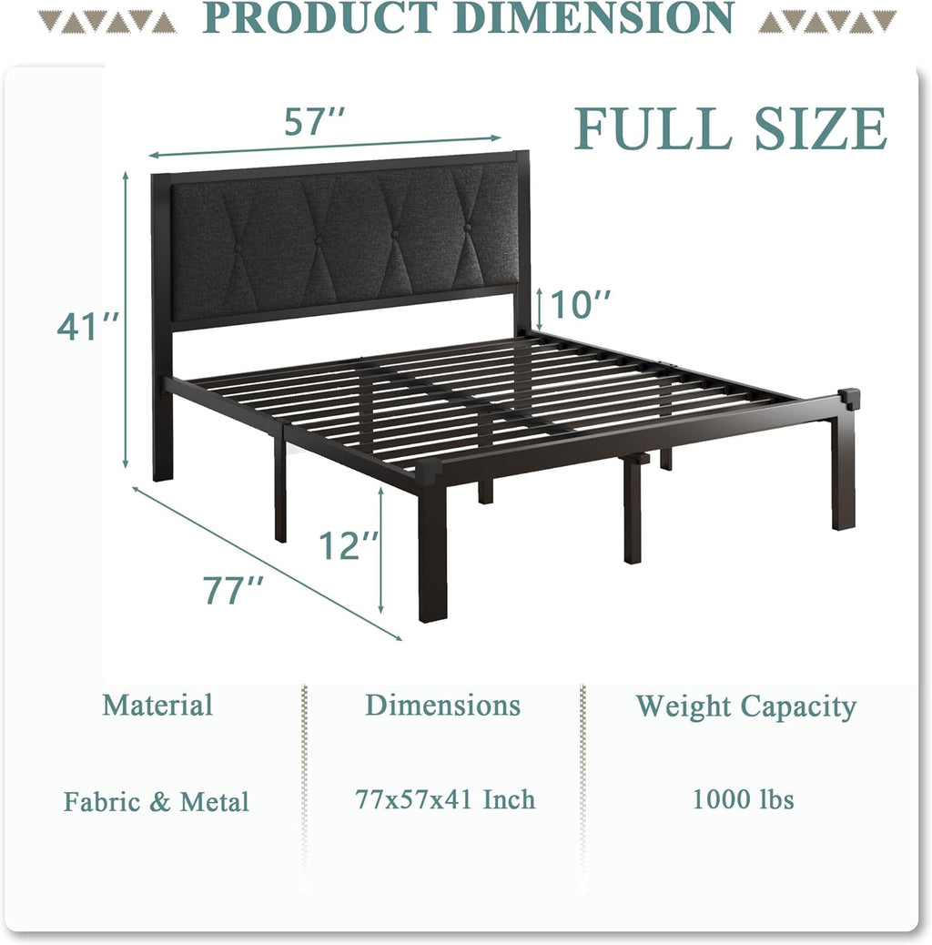 Feonase Full Size Metal Bed Frame with Fabric Button Tufted Headboard, Platform Bed Frame with Heavy Duty Metal Slats, 12' Storage Space, Noise Free, No Box Spring Needed, Dark Grey