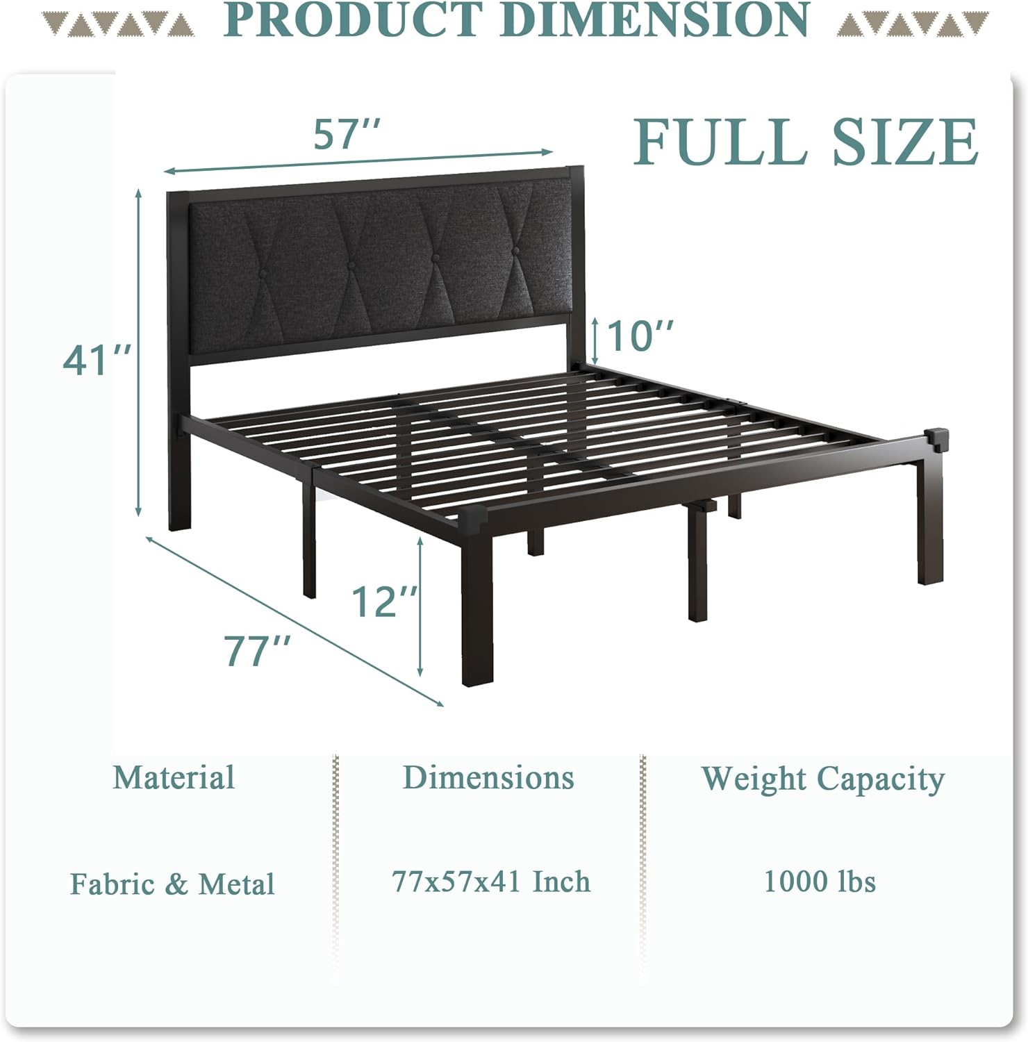 Feonase Full Size Metal Bed Frame with Fabric Button Tufted Headboard, Platform Bed Frame with Heavy Duty Metal Slats, 12' Storage Space, Noise Free, No Box Spring Needed, Dark Grey