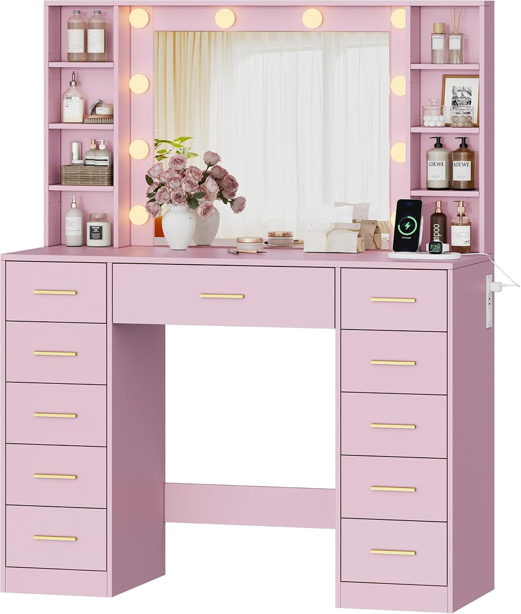 Wodeer Makeup Vanity with Drawers, 43' Pink Vanity Desk with Mirror and Lights, 11 Drawers & 4 Shelves, Power Outlet & Adjustable LED Lights, Dressing Table for Women & Girls Bedroom